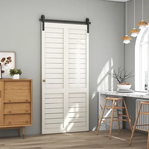 Vista 2 de Kit de rieles de puerta corrediza de granero biplegable de 3.5 pies para 2 puertas, kit de herrajes para puerta de granero plegable resistente