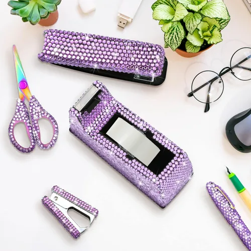 Vista 4 de Yunlly Juego de 6 artículos de papelería de oficina con brillantes accesorios de oficina, incluye bolígrafo, grapadora, removedor de grapas, 1000