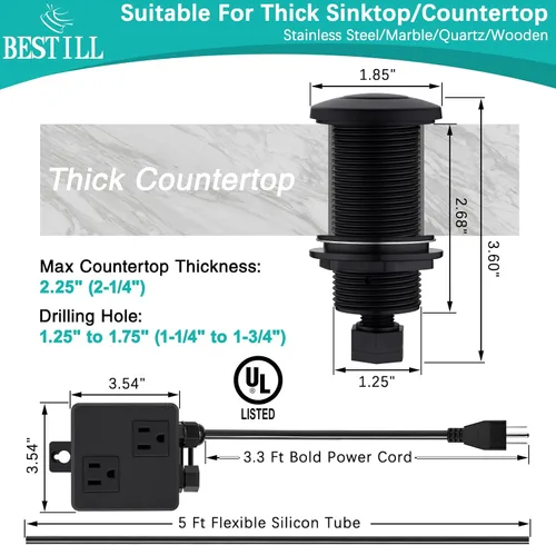 Vista 6 de BESTILL Kit de interruptor de aire superior para eliminación de basura, botón negro mate de 3.6 pulgadas de largo con cubierta de latón, módulo