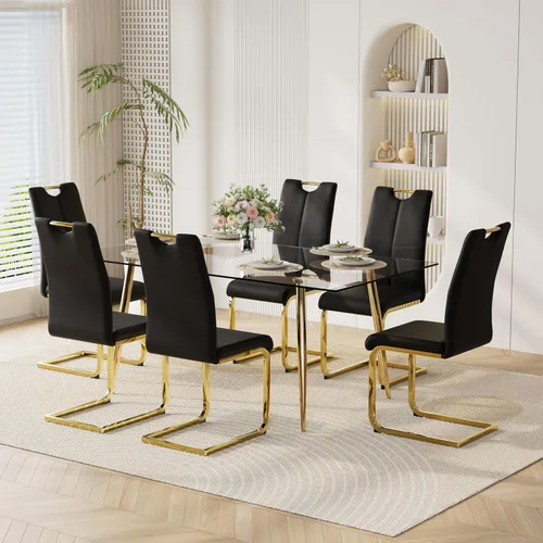 Vista 38 de Juego de mesa de comedor moderno de 51 pulgadas para 4 mesas rectangulares de cristal con 4 sillas tapizadas de cuero, asientos 4 ideales para Beige
