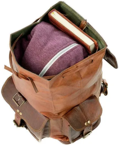 Vista 3 de HLC - Mochila retro de cuero genuino de 20 pulgadas, mochila de viaje para universidad