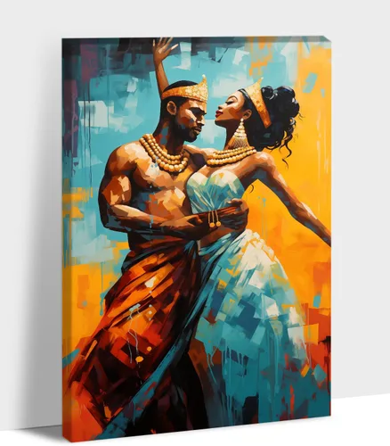 Vista 122 de Arte de pared afroamericano, decoración de rey y reina bailarín negro para sala de estar, arte de pareja de amor negro para dormitorio, lienzo