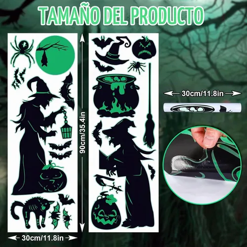 Vista 2 de AnyDesign 2 hojas de calcomanías de pared de bruja de Halloween que brillan en la oscuridad, bruja, murciélago, calabaza, araña, calcomanías