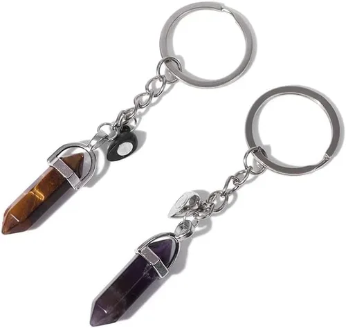 Vista 3 de Juego de 2 llaveros de piedra natural, colgante de cristal hexagonal de ojo de tigre para mujeres y hombres, decoración de automóvil