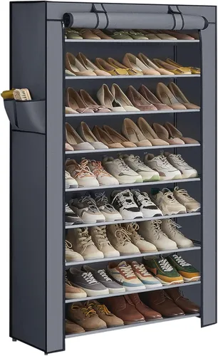 Vista 11 de SONGMICS Estante para zapatos de 10 niveles, gabinete de almacenamiento con cubierta a prueba de polvo, organizador de almacenamiento independiente