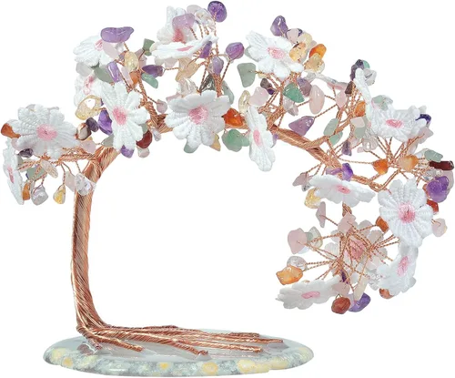 Vista 5 de Árbol de dinero con flores bordadas de cristal con base de ágata, buena suerte, Feng Shui, árbol bonsái para decoración de mesa de oficina en casa
