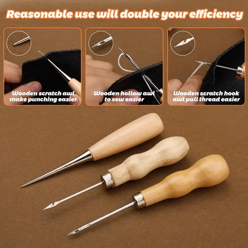 Vista 5 de Tikjiua Kit de costura de reparación de tapicería, 8 piezas de hilo encerado, agujas de coser de cuero, punzón de costura, dedal, kit de reparación