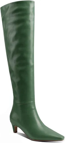 Vista 5 de MOOMMO Botas altas de tacón de gatito sobre la rodilla para mujer, punta cuadrada, de cuero mate, de meter de pantorrilla ancha, plisadas, tacón