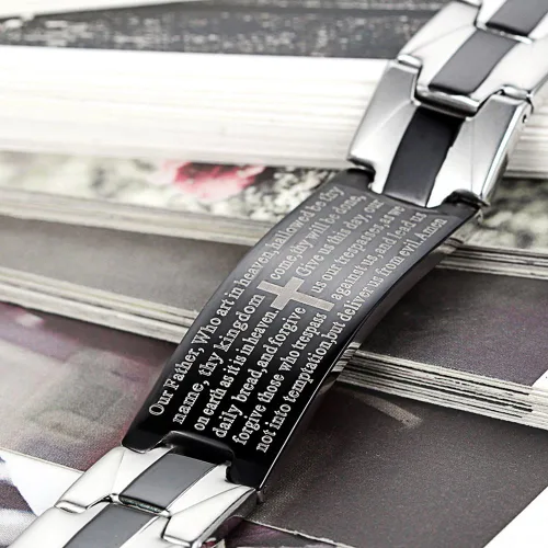 Vista 2 de Flongo Pulsera de pulsera vintage de acero inoxidable para hombre, con cruz negra inglesa, señores de la Biblia y eslabones de oración para hombre