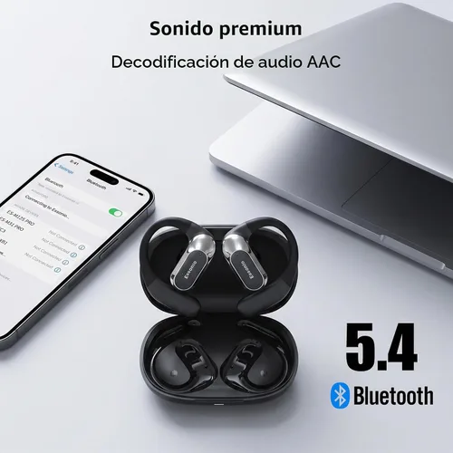 Vista 6 de Essonio Auriculares de oreja abierta inalámbricos con ganchos para los oídos, ultra ligeros, sonido estéreo potente 35 horas de reproducción Negro