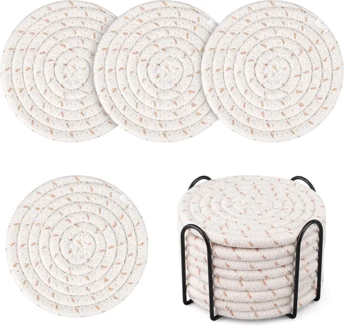 Vista 8 de Posavasos tejidos de algodón con soporte, juego de 8 posavasos absorbentes para protección de mesa, decoración del hogar, gafas, tazas, bar, regalo