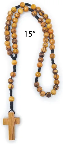 Vista 7 de Bolsa de rosario con cuerda católica de madera de olivo, rosario de Israel, Jesús Rey del Universo y creo en Dios, tela tejida, estilo tapiz, bolsa