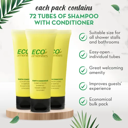 Vista 4 de 2 en 1 champú y acondicionador ECO Amenities, tubo transparente con tapa, envuelto individualmente de 1.1 onzas, 72 tubos por caja
