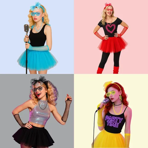 Vista 6 de YMO Accesorios de los años 80 para mujer, accesorios de neón de los años 80, juego de disfraz de Halloween para mujer