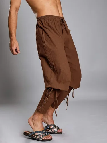 Vista 3 de Makkrom Pantalones de tobillo medievales para hombre, disfraz de pirata vikinga, con cordones, bandas cónicas, pantalones de Halloween