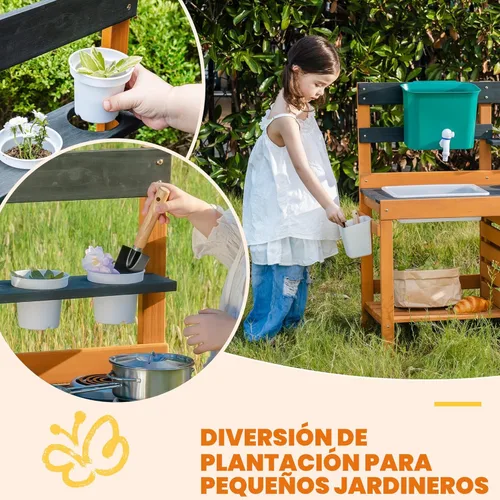 Vista 7 de ROBUD Cocina de Barro para Niños al Aire Libre, Cocina de Juego de Madera al Aire Libre, Cocina de Barro para Niños con Fregadero y Grifo