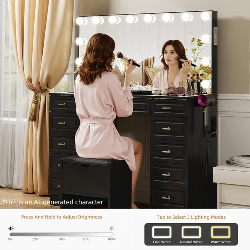 Vista 4 de VOWNER - Tocador con espejo iluminado, escritorio de maquillaje con altavoz Bluetooth Glass Top Vanity with 11 Drawers and 3 Color Lights