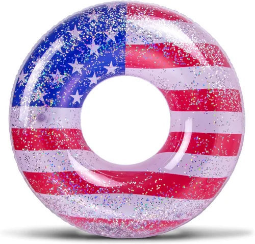 Vista 7 de POZA Flotador inflable de piscina de Estados Unidos – Lujosa tumbona divertida llena de confeti de estrellas plateadas brillantes, diseño de bandera