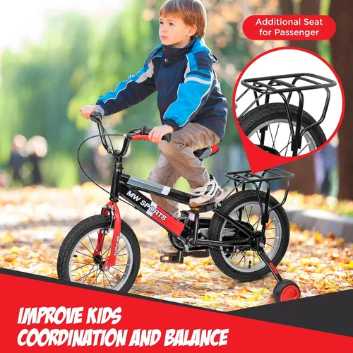 Vista 7 de Slippery Racer MW Sports - Bicicleta infantil de 16 pulgadas con ruedas de entrenamiento extraíbles, frenos de mano y estante de relé trasero
