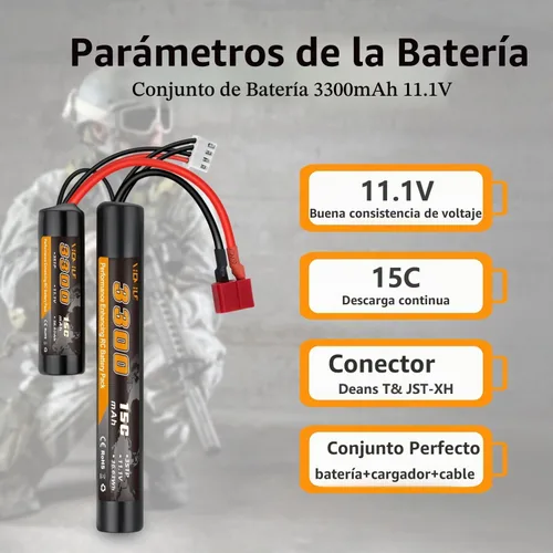 Vista 2 de Batería de airsoft de 3300mAh 11.1V en forma de nunchaku con conector en T estilo Dean y cable mini Tamiya 3S recargable en forma de mariposa