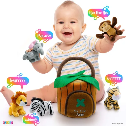 Vista 6 de Play22 Juego de 6 piezas de animales de la selva parlantes de felpa con transportador para niños, bebés y niños pequeños, elefante, tigre, león