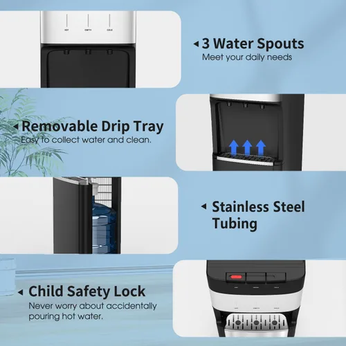 Vista 5 de Dispensador enfriador de agua con carga inferior autolimpiante para botellas de 3-5 galones, agua fría, caliente y a temperatura ambiente
