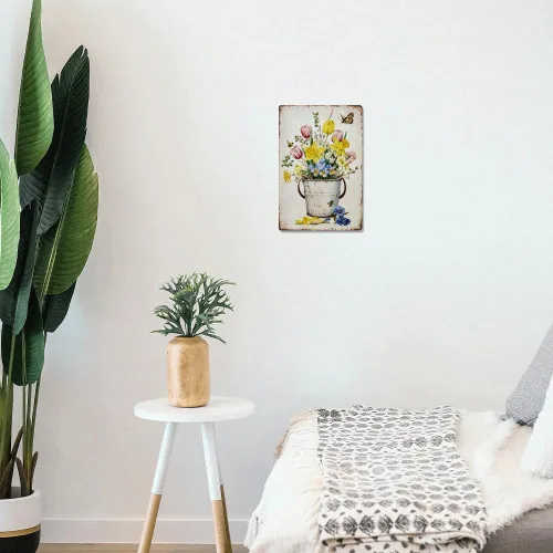 Vista 6 de Letrero de metal con flores vintage de 0.79 x 1.18 pulgadas, narcisos retro, tulipán, cubeta de hierro, póster de arte de pared para habitación
