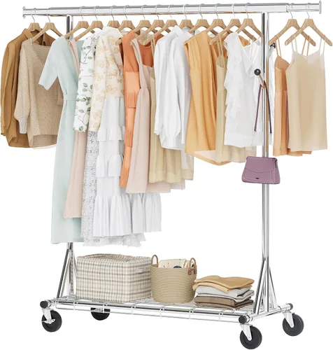 Vista 15 de Hoctieon Perchero de doble varilla de montaje en 2 minutos, estante resistente para ropa con ruedas, plegable para uso comercial, barra extensible