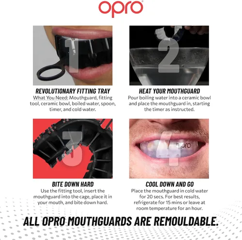 Vista 5 de OPRO Protector bucal moldeable de nivel plateado, ajuste esencial (negro/rojo) para niños y jóvenes, protector bucal de boxeo para artes marciales