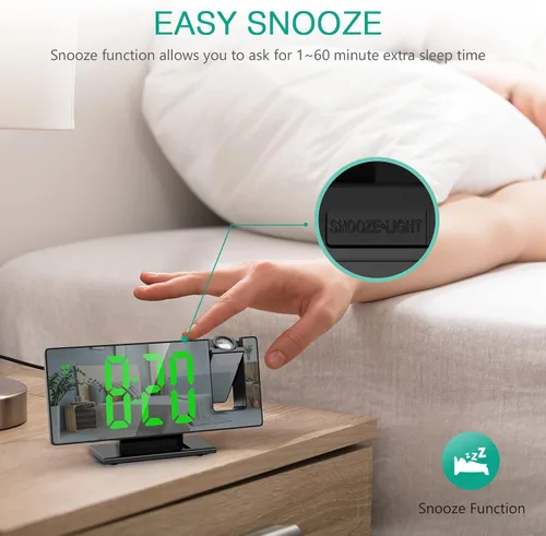 Vista 5 de ORIA Reloj despertador de proyección, reloj despertador electrónico LED, reloj despertador de escritorio con espejo de 7.8 pulgadas con temperatura