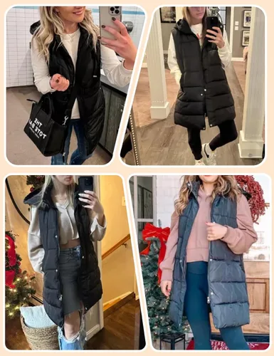 Vista 5 de Gihuo Chaleco largo acolchado de invierno para mujer, con capucha, sin mangas, con cremallera, chaleco largo