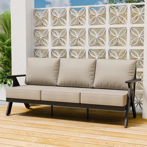 Vista 5 de Urban Anvil - Sofá de metal, sofá de patio al aire libre, marco de acero, sofá de 3 plazas para patio, terraza, negro/beige
