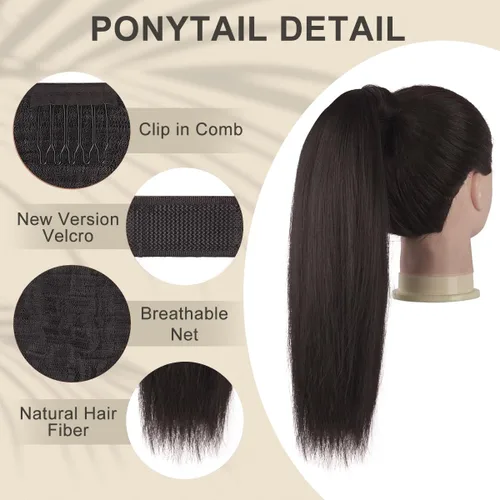 Vista 2 de RECOOL Extensión de cola de caballo de cabello humano negro natural envolvente con clip, extensiones de cabello humano Remy real, extensión de cola