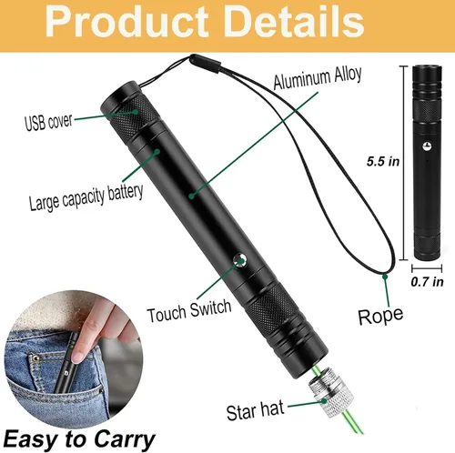 Vista 2 de Puntero láser de alta potencia, luz indicadora láser verde, carga USB, presentación, juguetes interactivos para perros de interior y gatos
