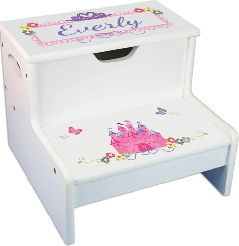 Vista 15 de Taburete para niños con guirnalda floral rosa y gris con almacenamiento (guirnalda de mariposas brillantes)