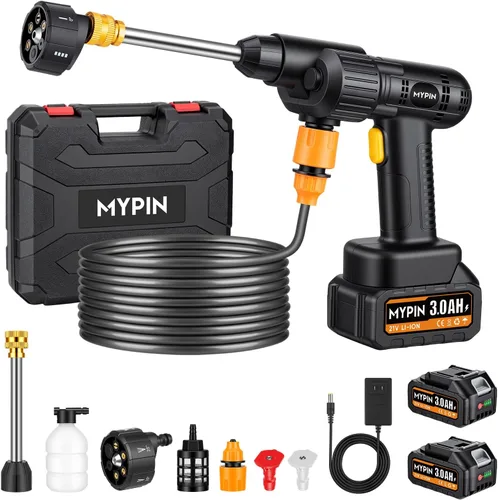 Vista 10 de Lavadora a presión inalámbrica portátil, 600PSI Lavadora de coche de mano dos baterías 21V Rechargeable 2.0Ah Powered Pressure Washer, 6-in-1