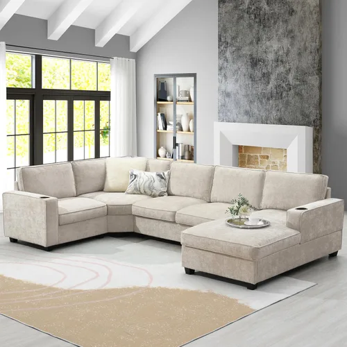 Vista 35 de Moderno sofá modular en forma de U con almohadas para la cintura, sofá cama con diván, sofá tapizado simétrico de felpilla de 6 asientos para sala