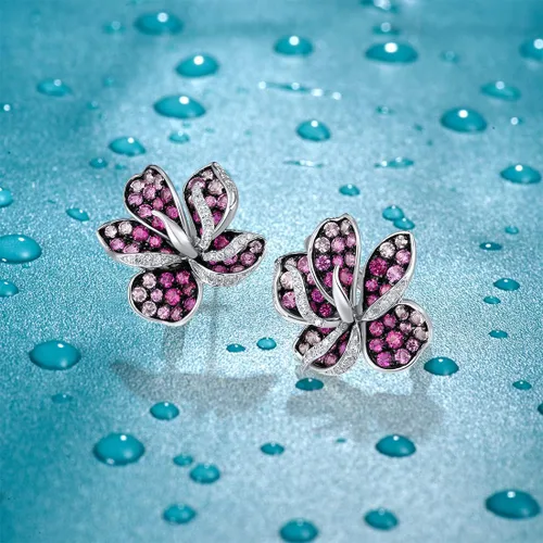 Vista 3 de Santuzza Aretes colgantes de oro macizo de 10 quilates con flores de diamante para mujer, Gema Metal