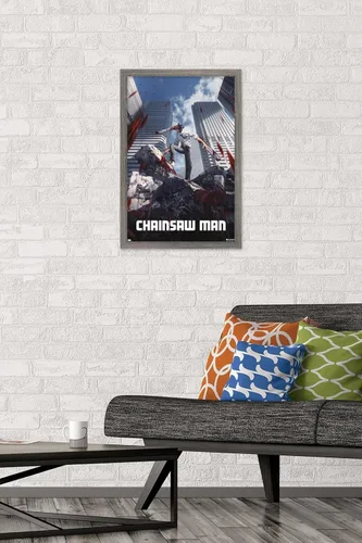 Vista 2 de Chainsaw Man - Póster de pared de arte clave, 22.4 pulgadas de largo x 14.7 pulgadas de ancho, versión enmarcada de madera de granero