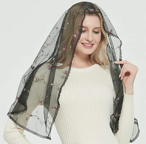 Vista 3 de V50 - Velo ortodoxo con flores bordadas capilla católica velo de mantilla