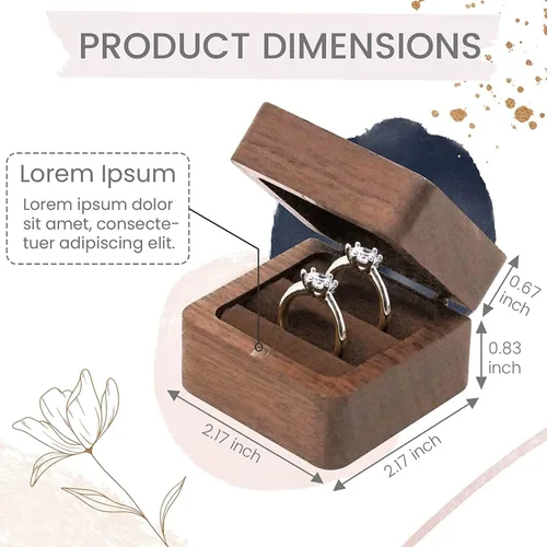 Vista 4 de Caja de anillo de madera de compromiso, caja de anillo rústica de doble ranura, caja de almacenamiento de joyas cuadrada de madera maciza, caja