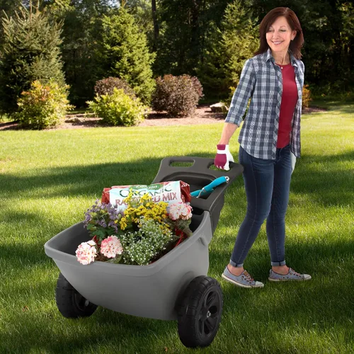 Vista 5 de Simplay3 Easy Haul - Carretilla duradera con bandeja de almacenamiento de herramientas de jardín, ruedas grandes de fácil giro, gris, fabricada