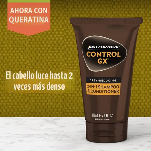 Vista 4 de Just for Men Control GX Champú y Acondicionador Reductor de Canas 2 en 1, Color Gradual del Cabello con Queratina para un Cabello más Fuerte, Grueso
