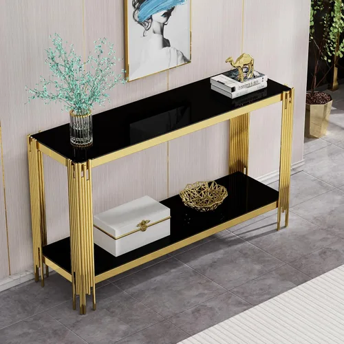 Vista 34 de Mesa auxiliar rectangular de vidrio de 48 pulgadas, mesa de centro de 2 niveles con parte superior de vidrio templado negro, patas de acero