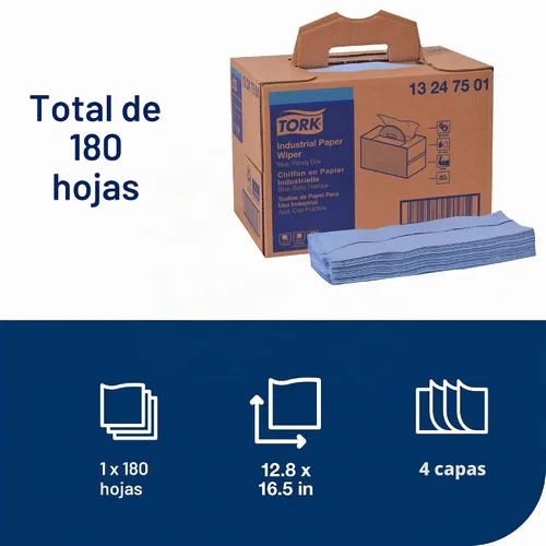 Vista 2 de Tork - Toalla de papel industrial azul, caja práctica W7 4 capas, 1 x 180 pies, 13247501