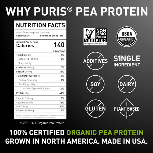 Vista 3 de PURIS Proteína orgánica de guisante en polvo – Proteína vegana orgánica USDA 0.95 oz de proteína vegetal por porción Sin gluten sin OMG