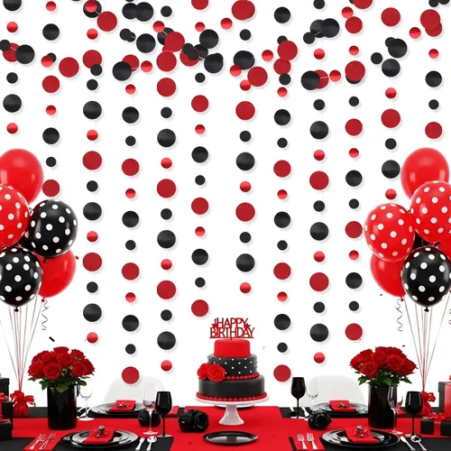 Vista 7 de Outus Guirnalda de puntos redondos negros y rojos, 5 piezas, decoración para colgar en fiestas de graduación, cada longitud de 13.1 pies