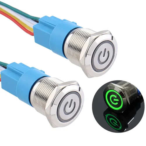 Vista 8 de 2 piezas de interruptor de botón de metal de cierre de 16 mm, 12V-24V, encendido/apagado, 1NO 1NC, impermeable, autoblocante, carcasa plateada