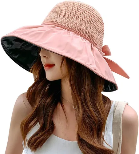 Vista 6 de Sombrero de paja de malla de ala ancha para mujer, protección UV, sombrero de paja plegable de verano, UPF 50+ Beige