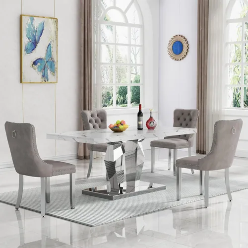Vista 12 de Juego de 5 mesas de comedor de mármol sintético, juego de mesa de cocina y comedor para 4, mesa de comedor rectangular blanca de 70 pulgadas
